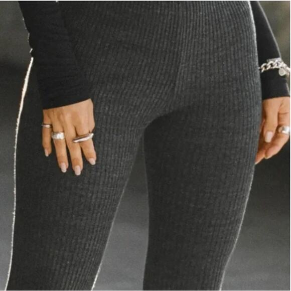Joah Brown Pant Women Small Medium Fitted Mini Flare Gray Rib Knit Lounge Luxury - Picture 3 of 15